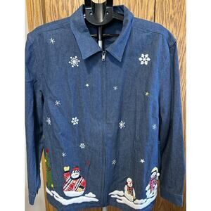 Size 24/26 Women's Denim Full Zip Jacket Embroidered Snowman  Christmas Winter